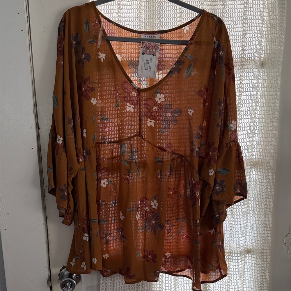Andree Dark Mustard  Floral V-Neck Tunic Top
